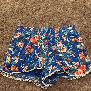 Floral Blue Shorts with Lace Trim